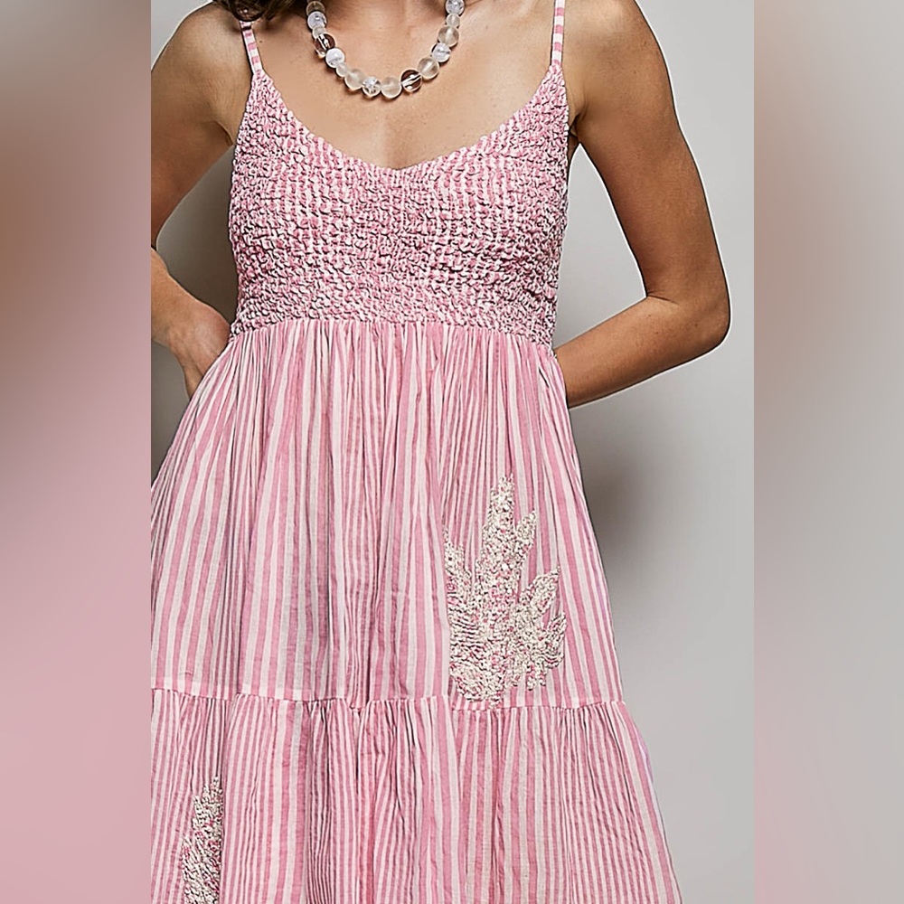 POL Pink Cotton Striped Smocked Sundress with Embroidery - Picture 4 of 6